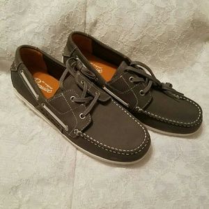 Grey with white stitching and orange interior